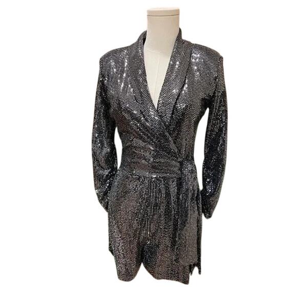 Zara Sequined Long Sleeve Gun Metal Romper - Picture 7 of 9